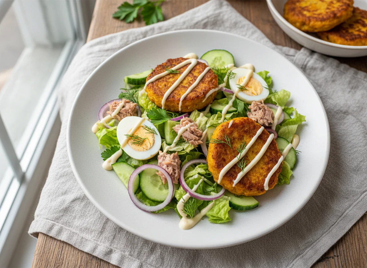 Салат с тунцом и тыквенными оладьями photo