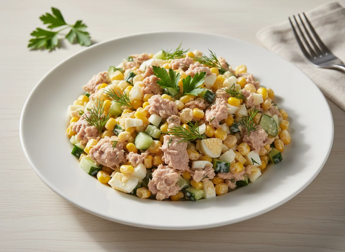 Салат с тунцом, кукурузой и огурцом photo