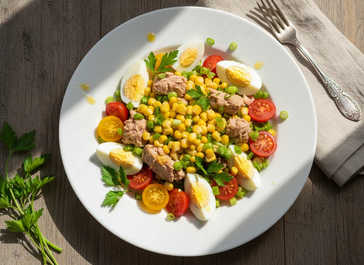 Салат с тунцом, кукурузой и помидорами photo