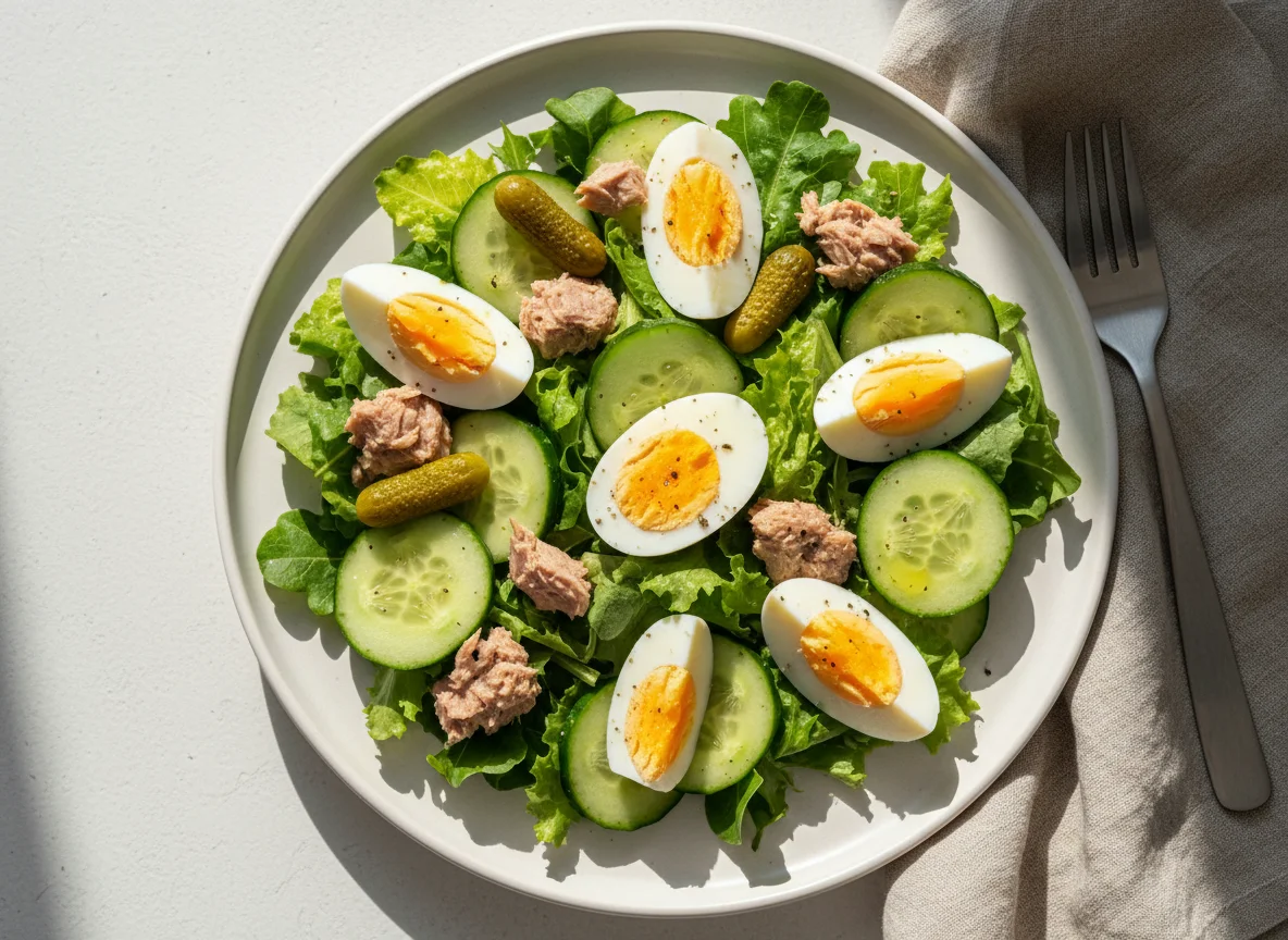 Салат с тунцом, огурцами и яйцом photo