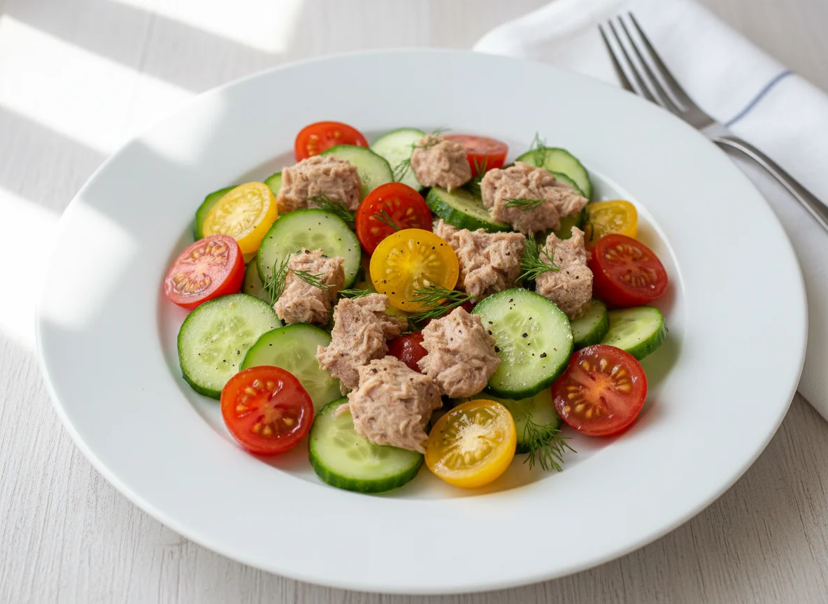 Салат с тунцом, огурцами и помидорами photo