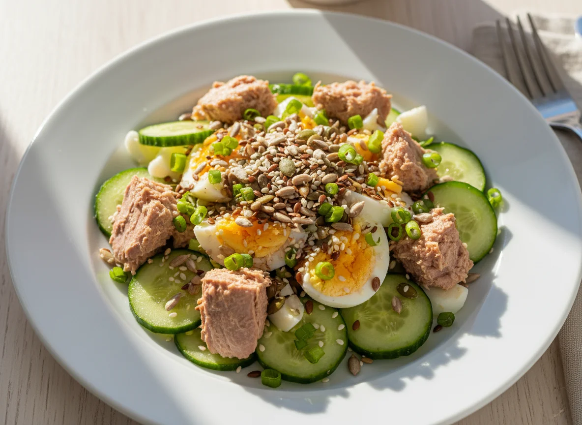 Салат с тунцом, огурцами и семечками photo