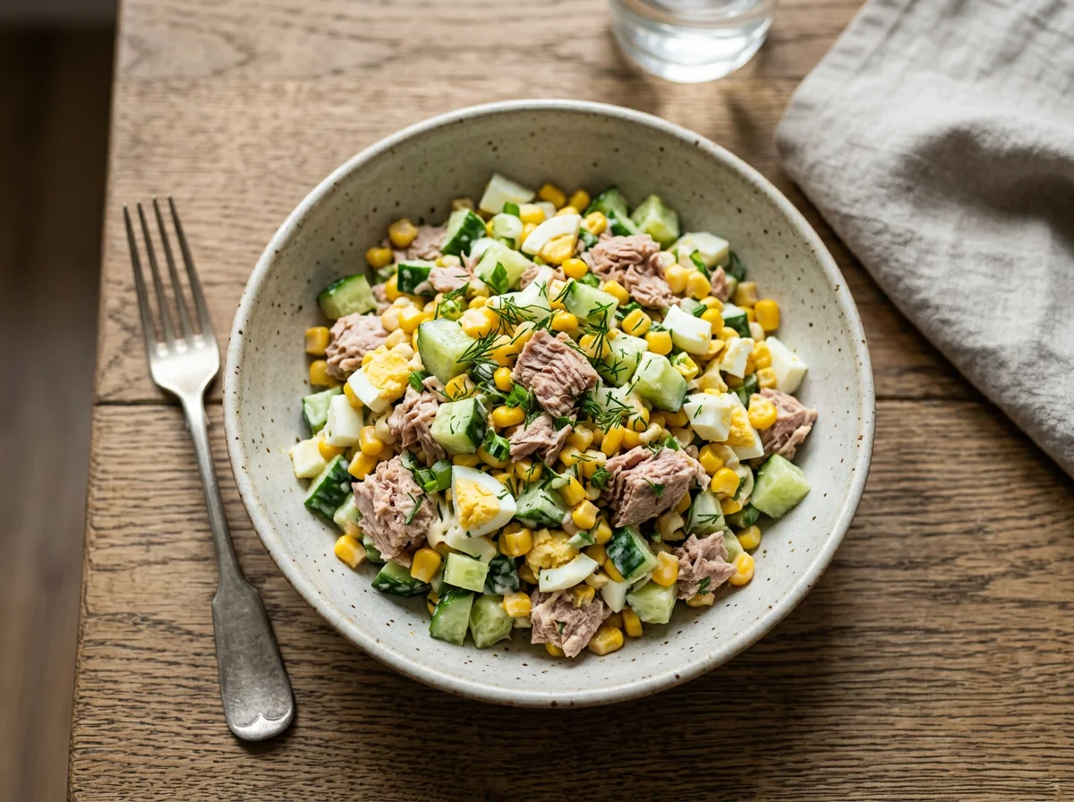 Салат с тунцом, огурцом, кукурузой и яйцом photo