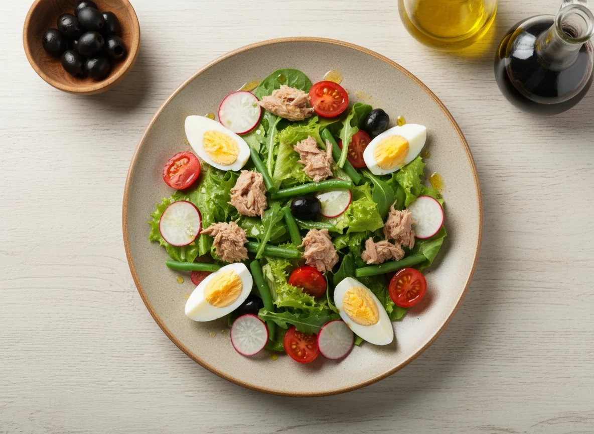 Салат с тунцом, овощами и яйцом photo