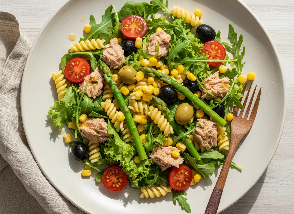 Салат с тунцом, пастой и овощами photo