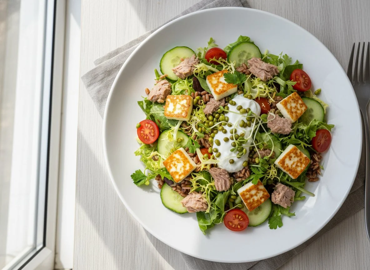 Салат с тунцом, рисом, сыром халлуми и овощами photo