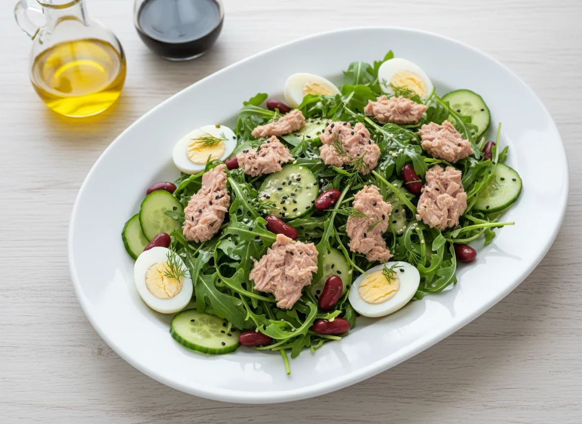 Салат с тунцом, рукколой и яйцами photo