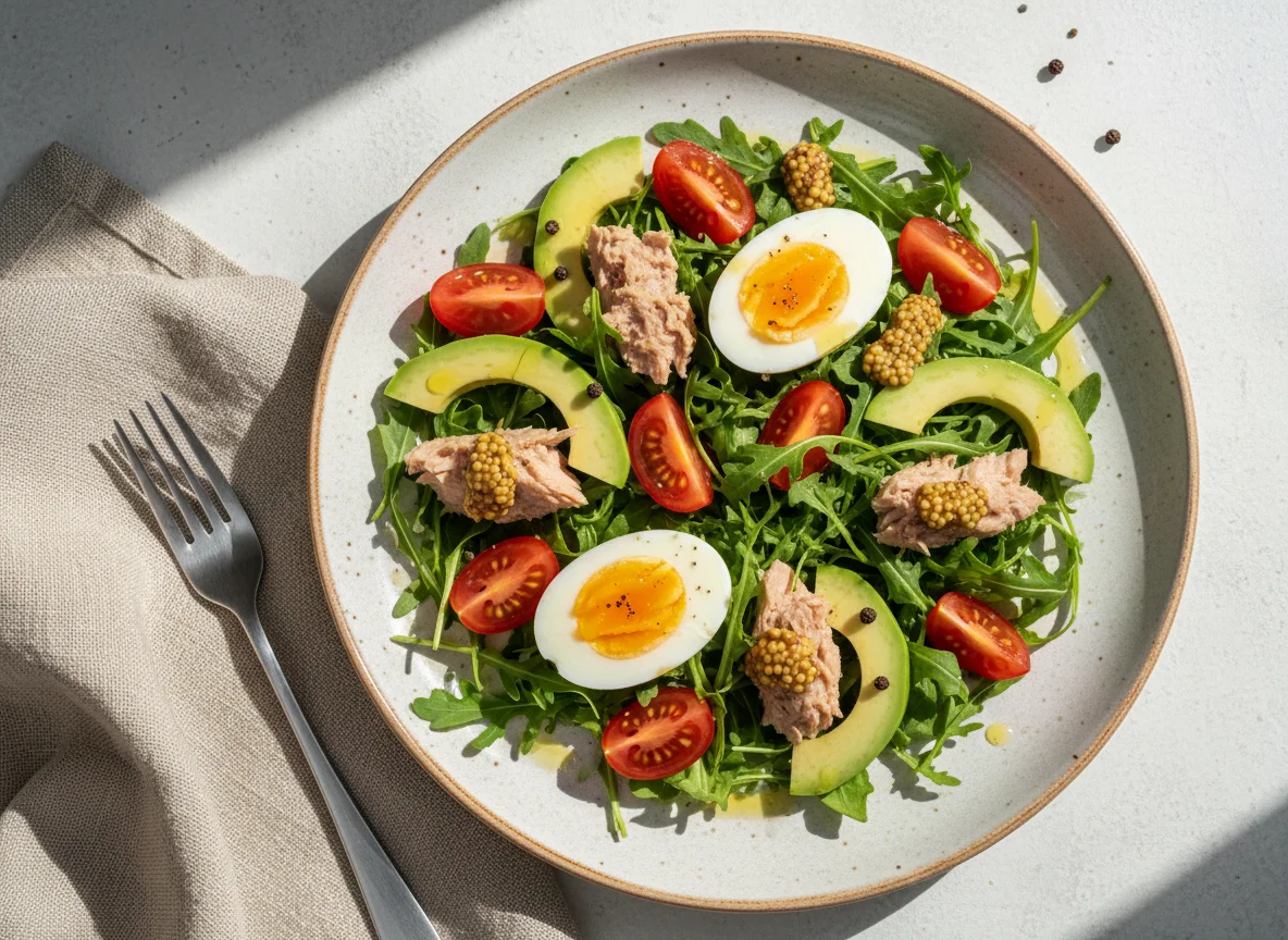 Салат с тунцом, рукколой и яйцом photo