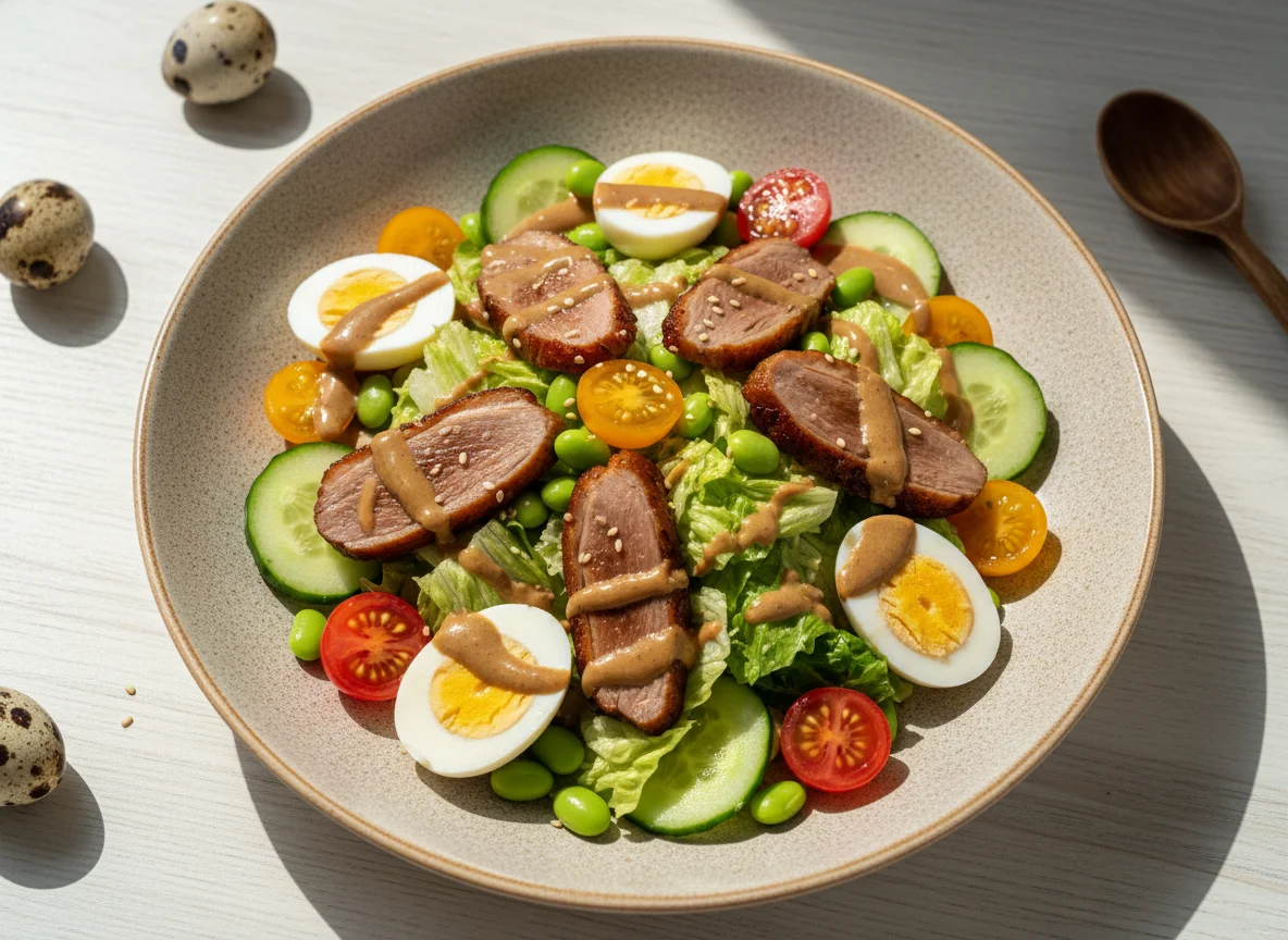 Салат с уткой, яйцом и овощами photo