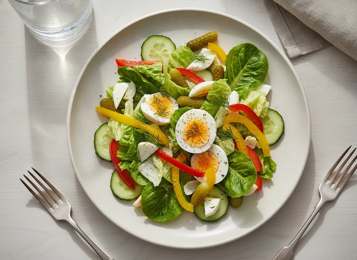 Салат с вареными яйцами и овощами photo