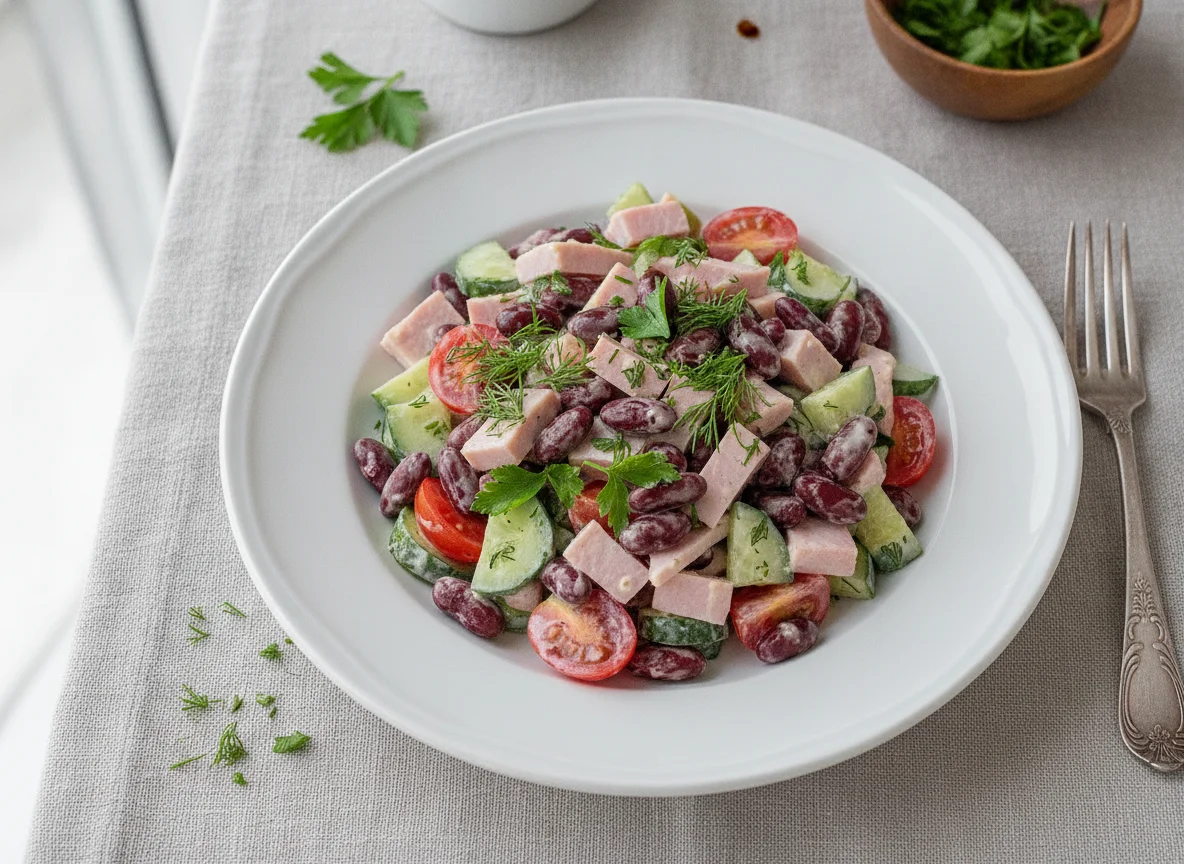 Салат с ветчиной, фасолью и овощами photo