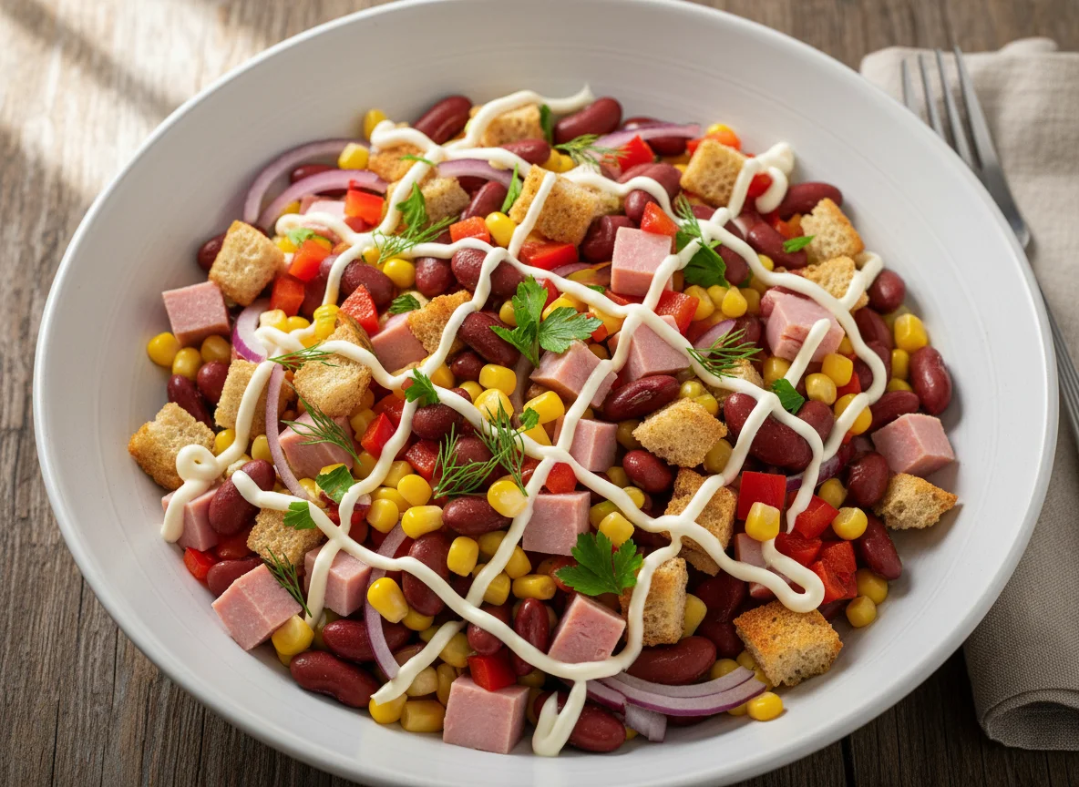 Салат с ветчиной, фасолью и сухариками photo