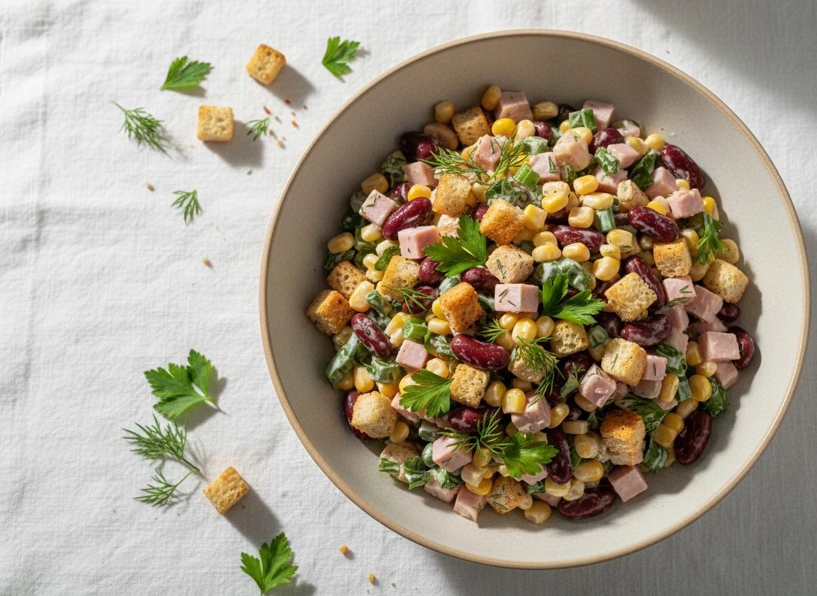 Салат с ветчиной, фасолью, кукурузой и сухариками photo