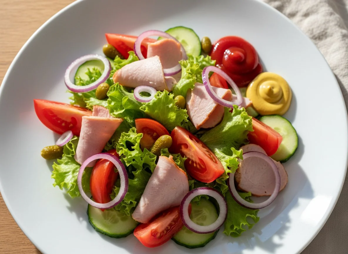 Салат с ветчиной и овощами photo