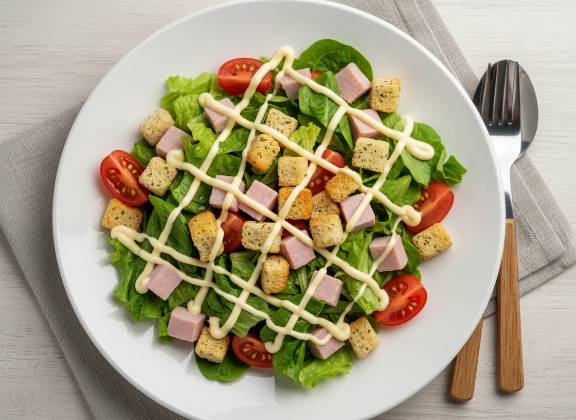 Салат с ветчиной и сухариками photo