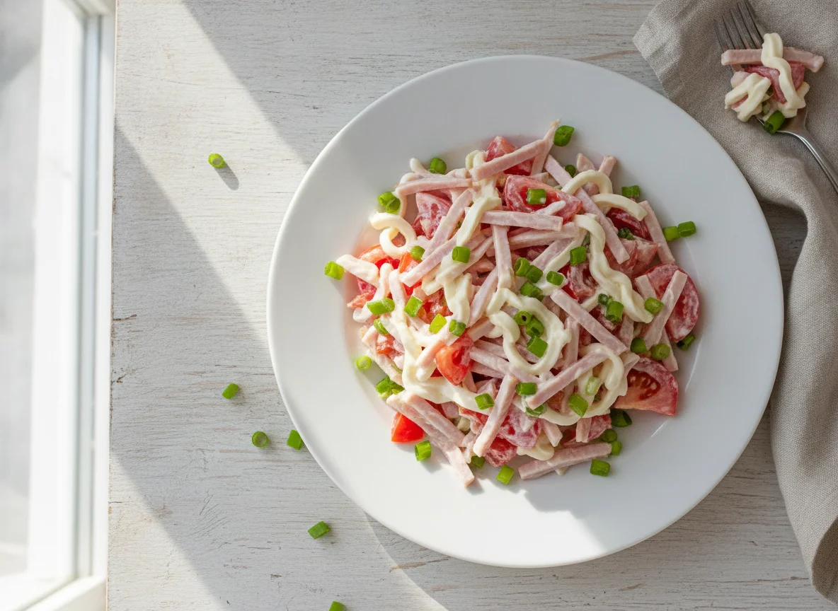 Салат с ветчиной, овощами и майонезом photo
