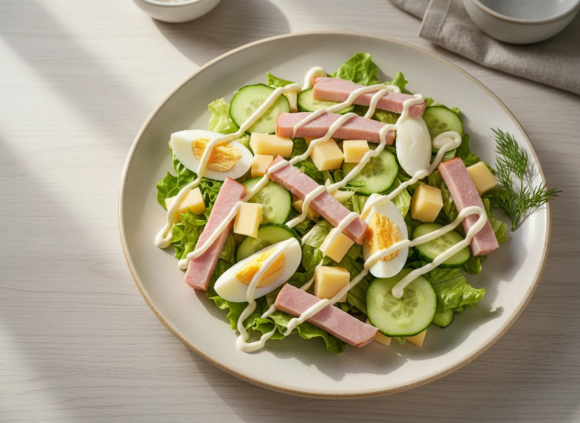 Салат с ветчиной, сыром и яйцом photo