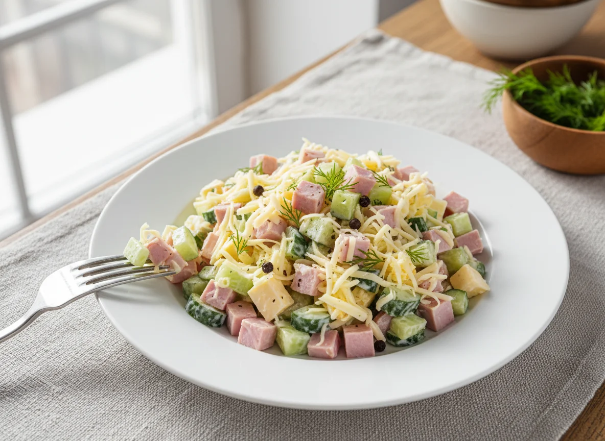 Салат с ветчиной, сыром и огурцом photo