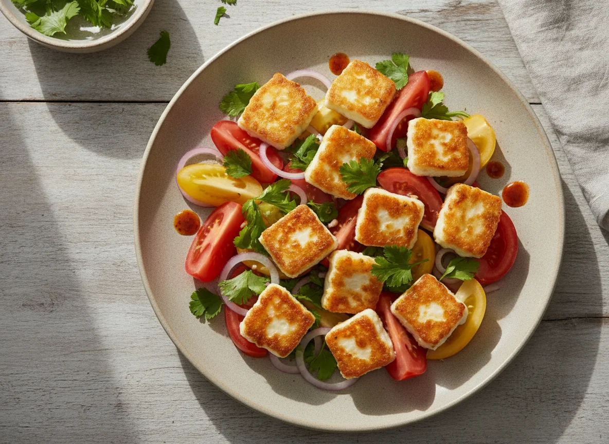 Салат с жареным сыром и томатами photo