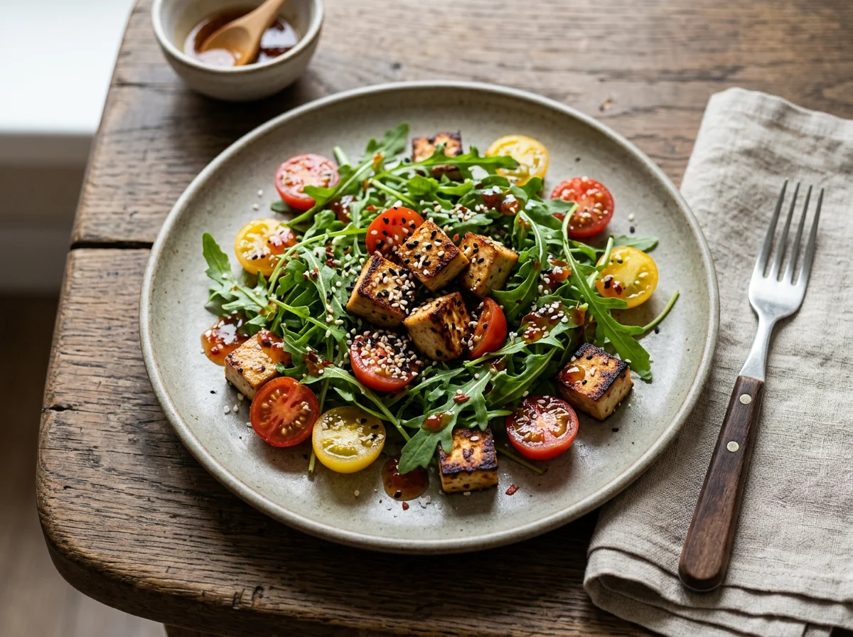 Салат с жареным тофу, помидорами и рукколой photo