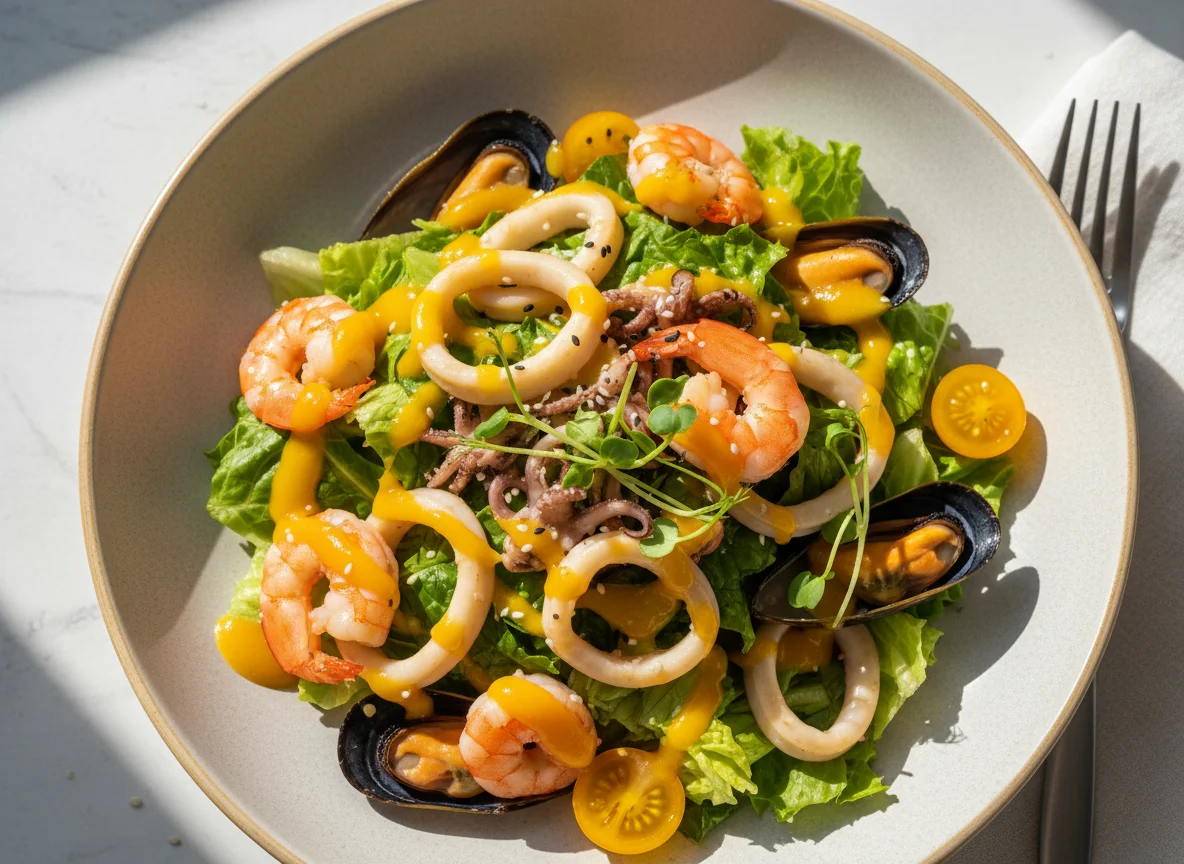 Салат с зеленью, креветками, кальмарами, мидиями под манговым соусом photo