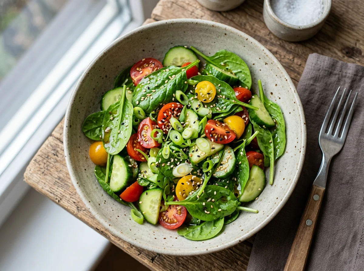 Салат со шпинатом, огурцами и помидорами photo