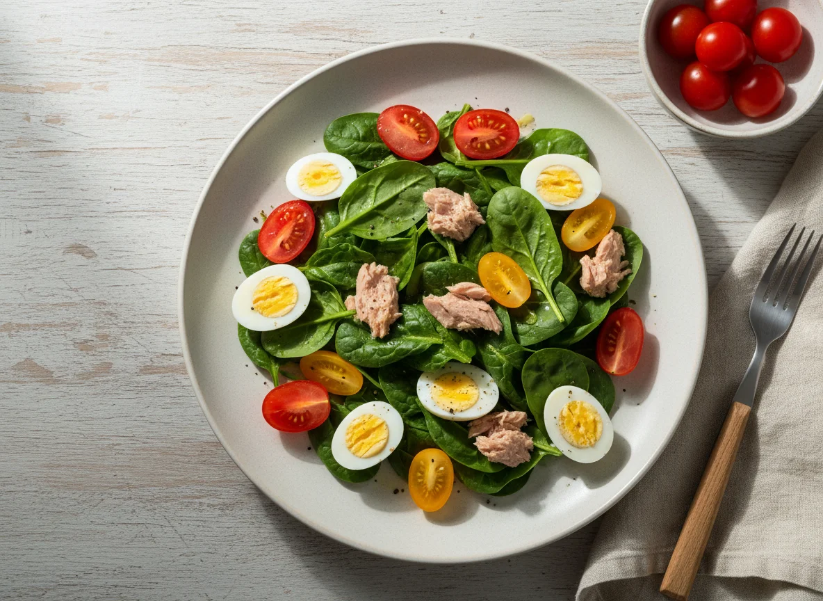 Салат со шпинатом, тунцом и перепелиными яйцами photo