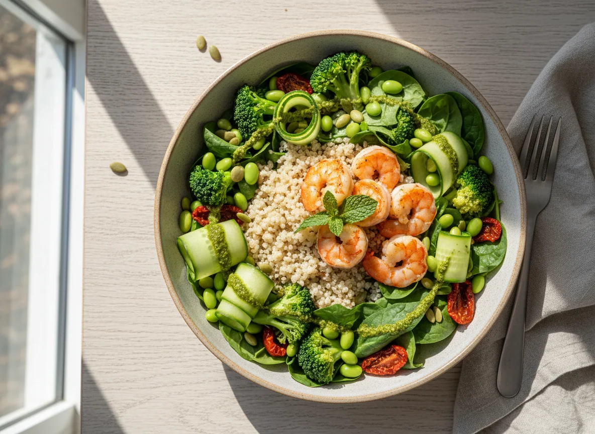 Салат-боул с креветками и киноа photo