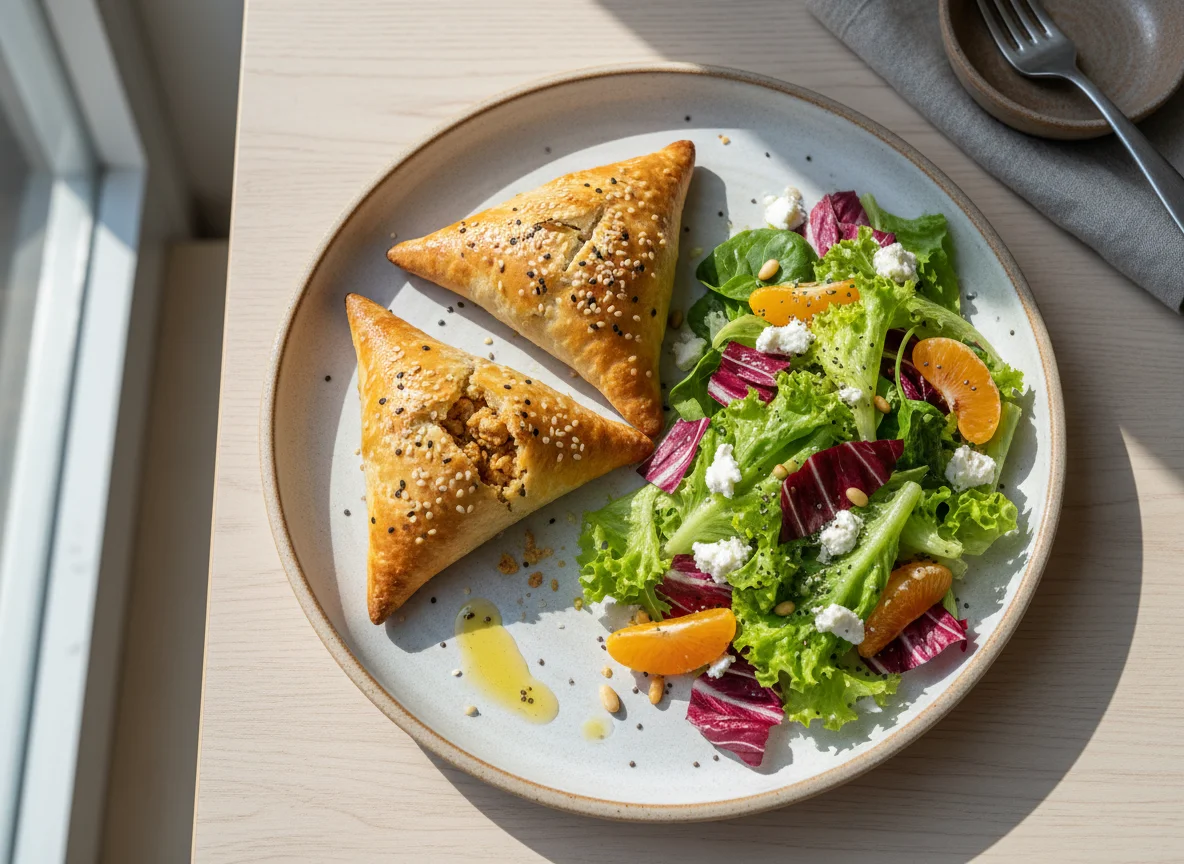 Самса с начинкой и салат с козьим сыром photo