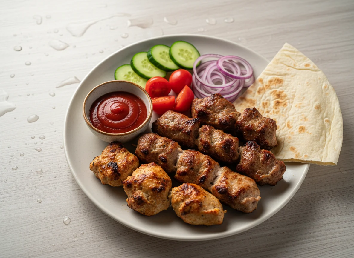 Шашлык и люля-кебаб с овощами photo