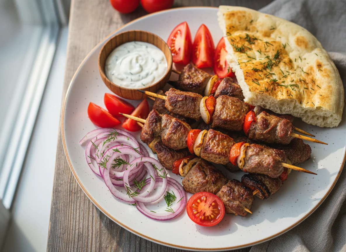 Шашлык из баранины с лавашом и овощами photo