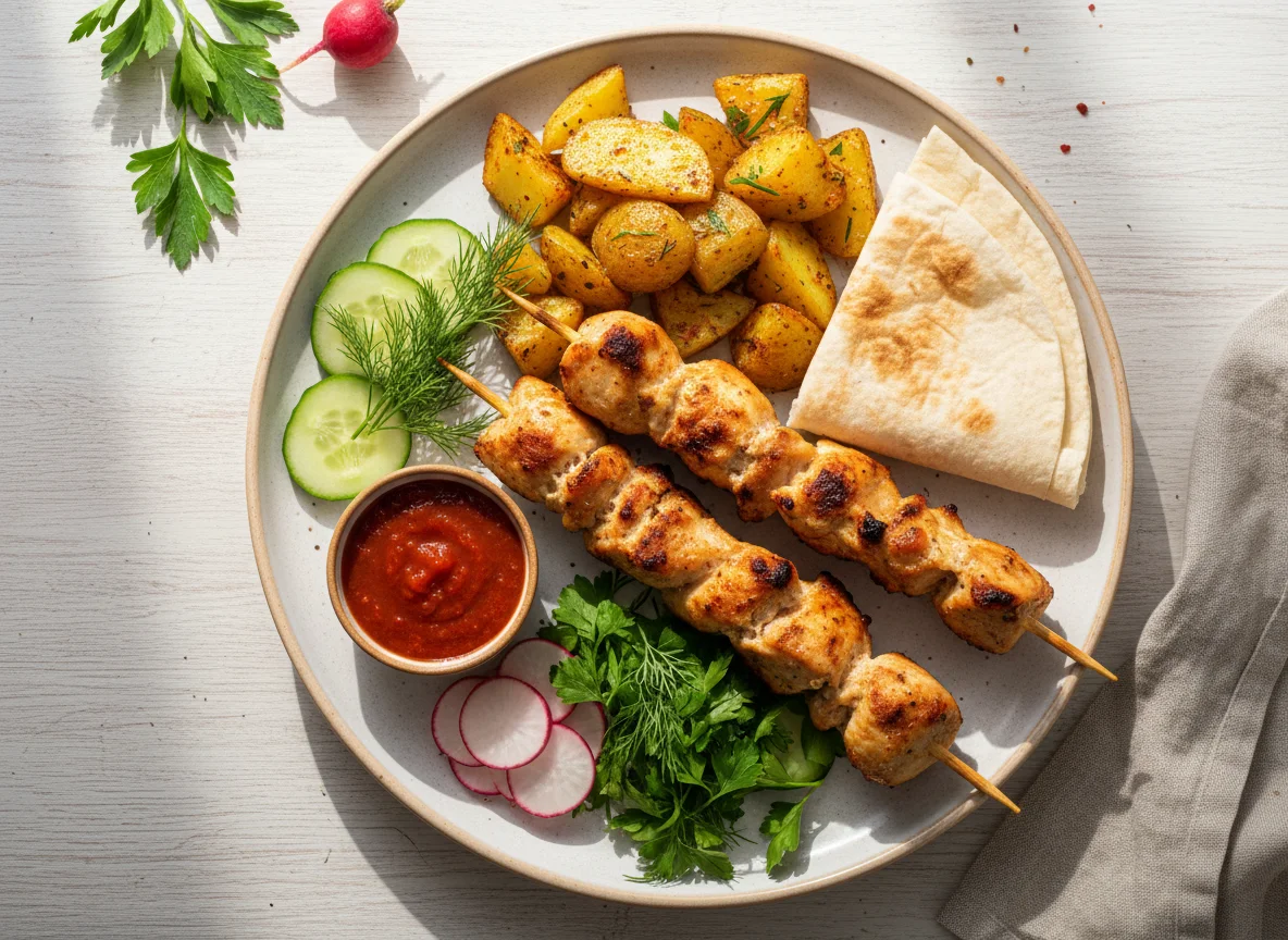 Шашлык из курицы с картофелем и овощами photo