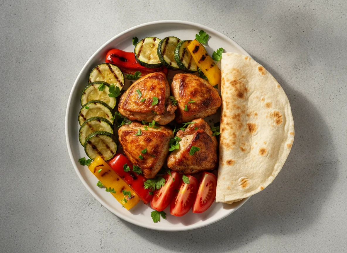 Шашлык из курицы с овощами гриль и лавашом photo