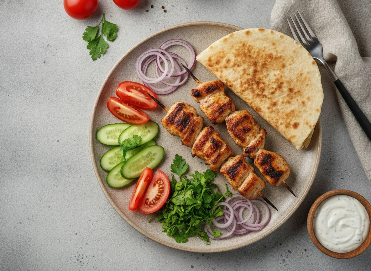 Шашлык из курицы с овощами и лавашом photo