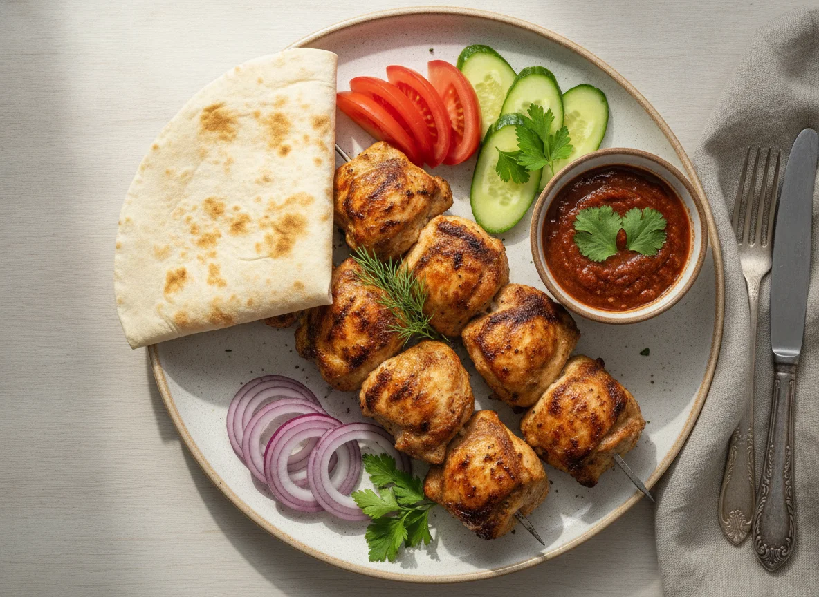 Шашлык из курицы с овощами и соусом photo