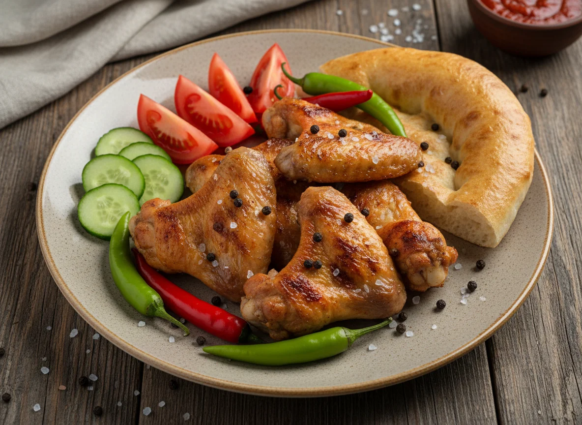 Шашлык из куриных крылышек с овощами и лепешкой photo
