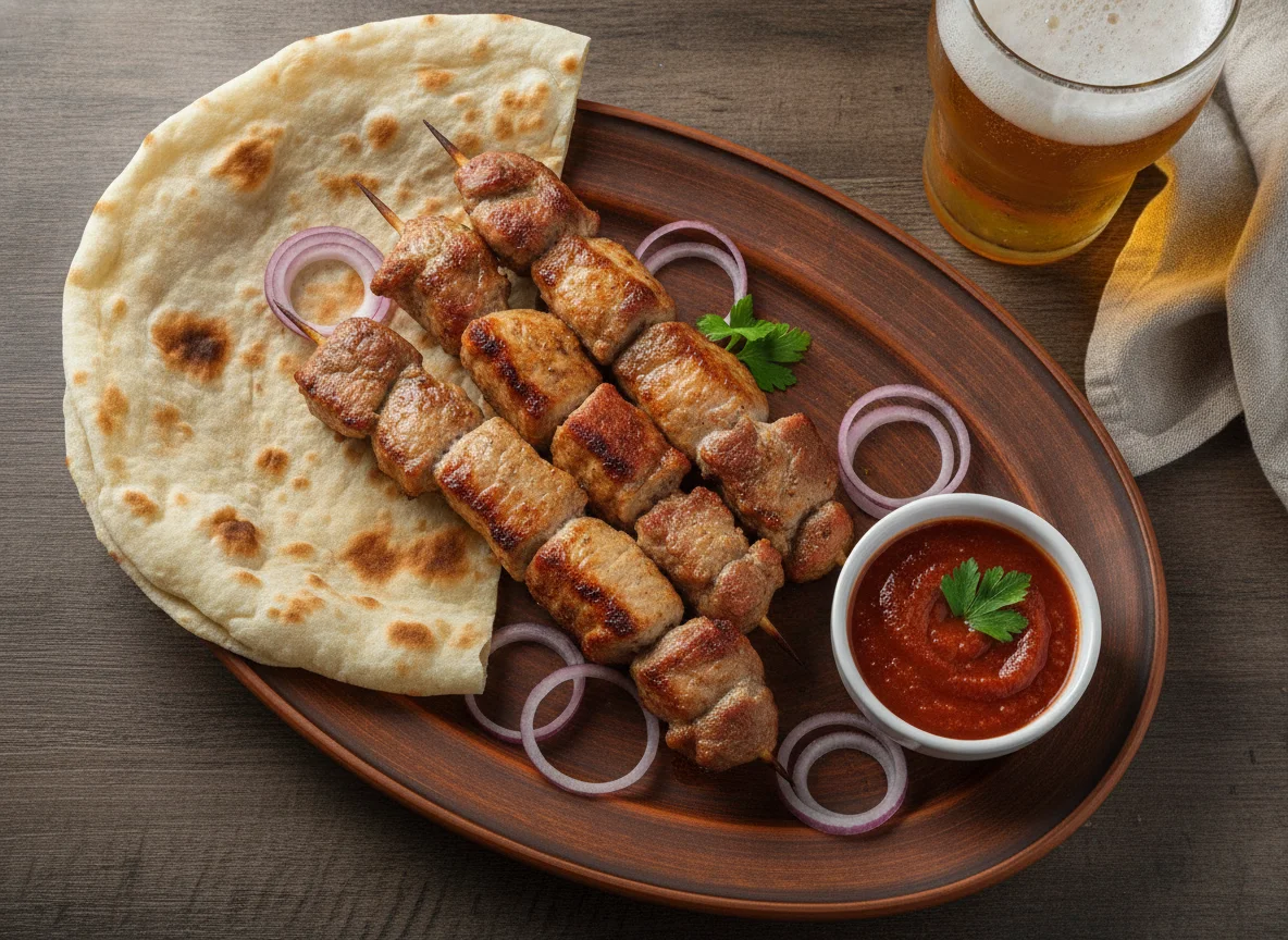 Шашлык из свинины с лавашом и соусом photo