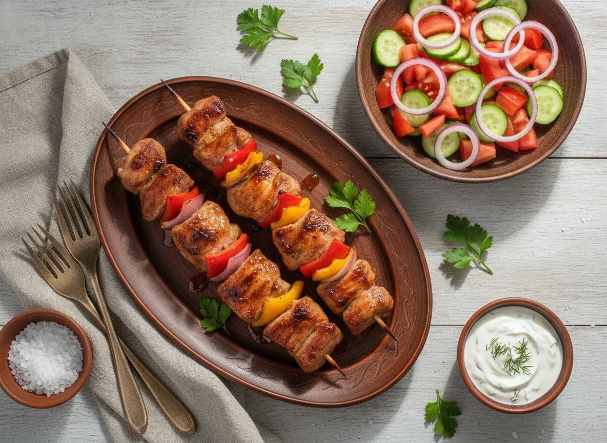 Шашлык из свинины с овощным салатом и соусом photo