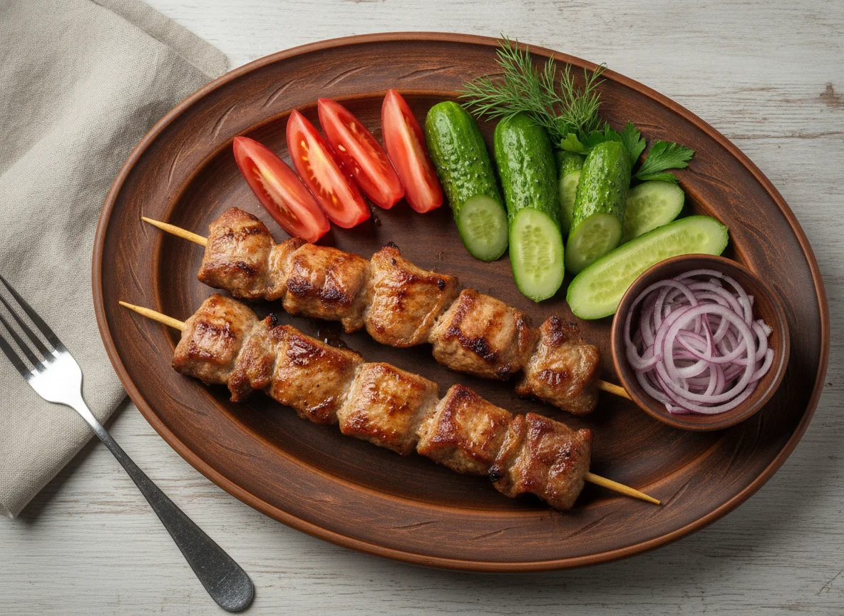 Шашлык из свинины со свежими овощами photo