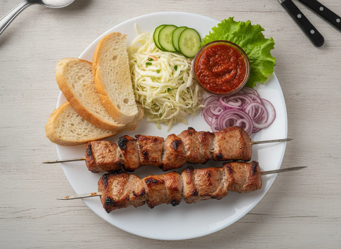 Шашлык с гарниром и соусом photo
