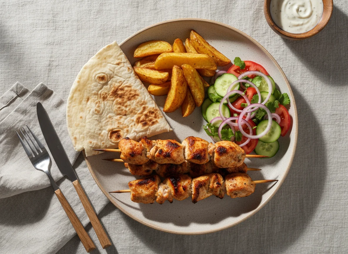 Шашлык с картофелем и салатом photo