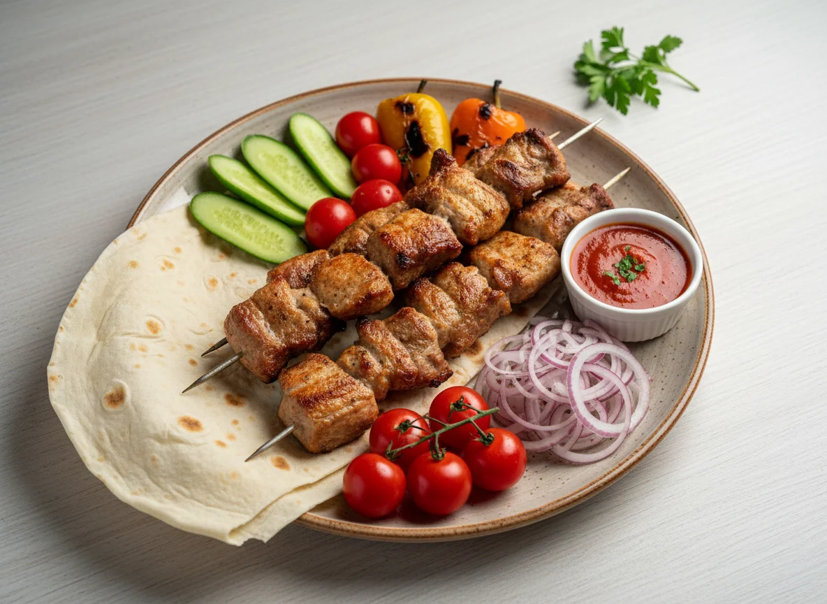 Шашлык с овощами и соусом photo