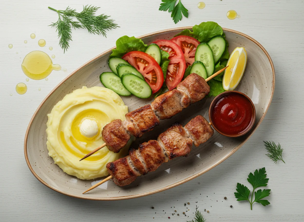 Шашлык со пюре и салатом photo
