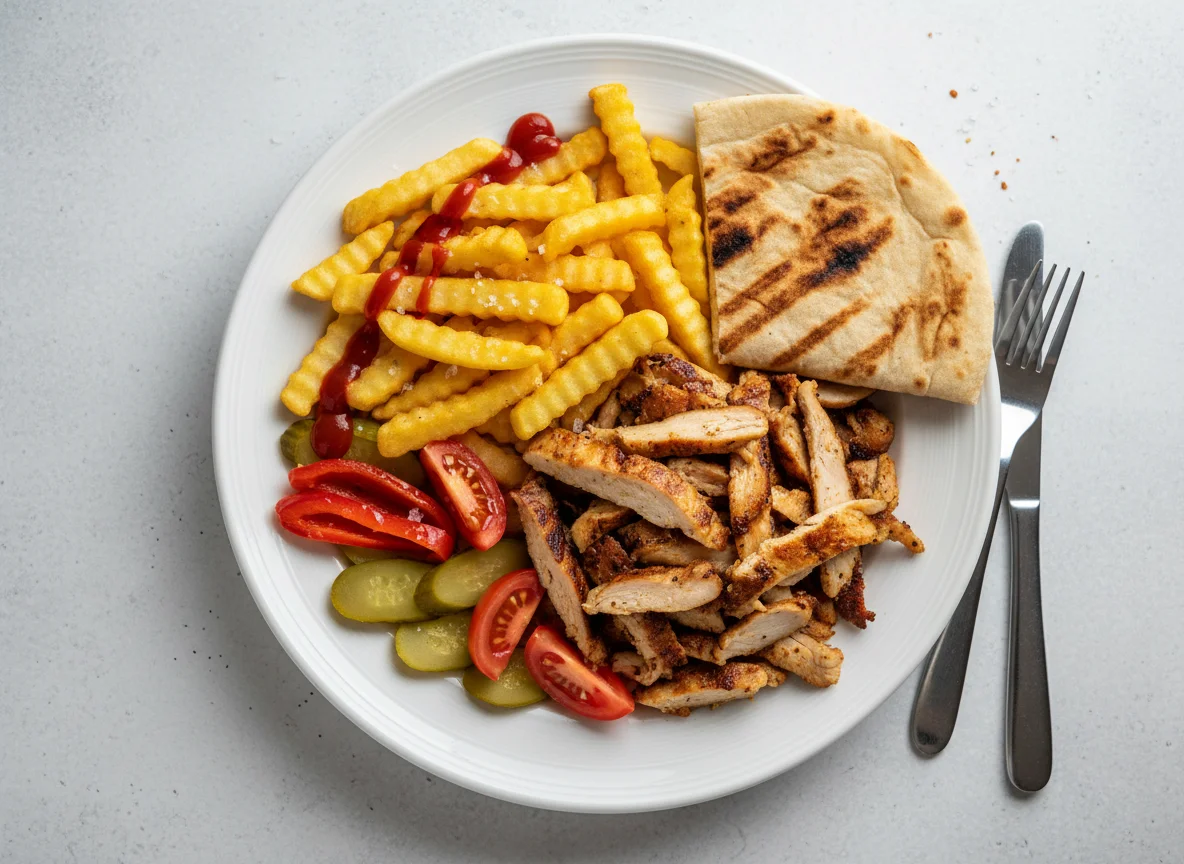 Шаурма-тарелка с картофелем фри и овощами photo