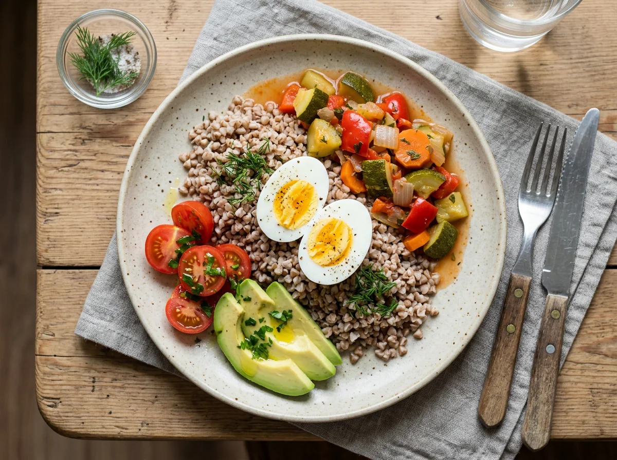 Сбалансированный обед с гречкой и овощами photo