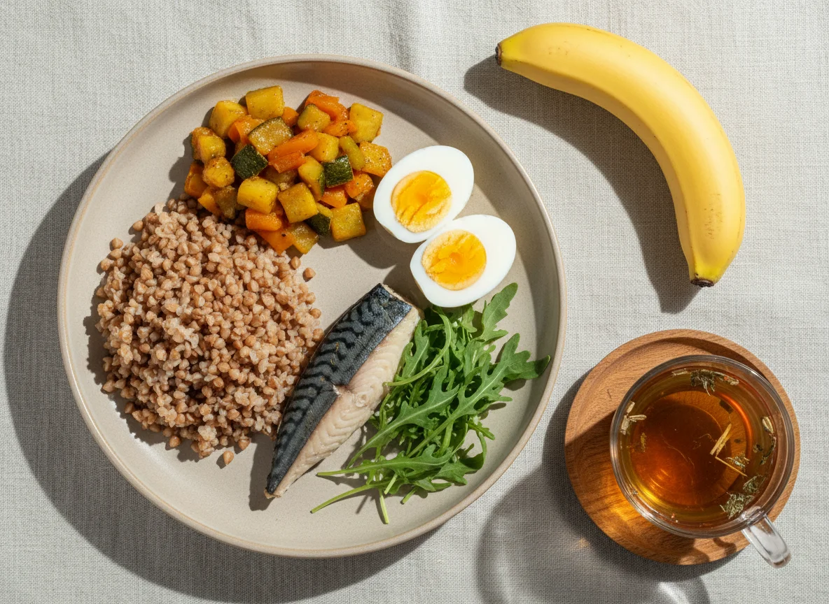 Сбалансированный обед с гречкой, овощами, яйцами и рыбой photo