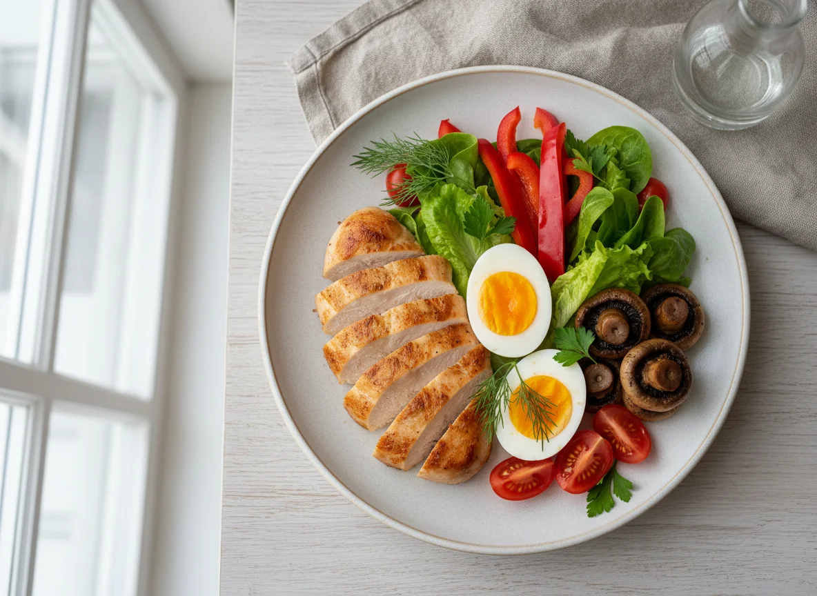 Сбалансированный обед с курицей и овощами photo