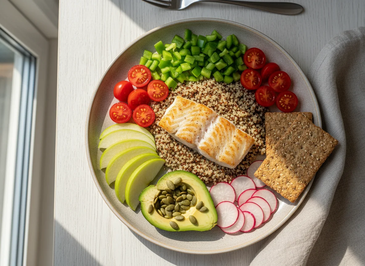 Сбалансированный обед с рыбой и овощами photo