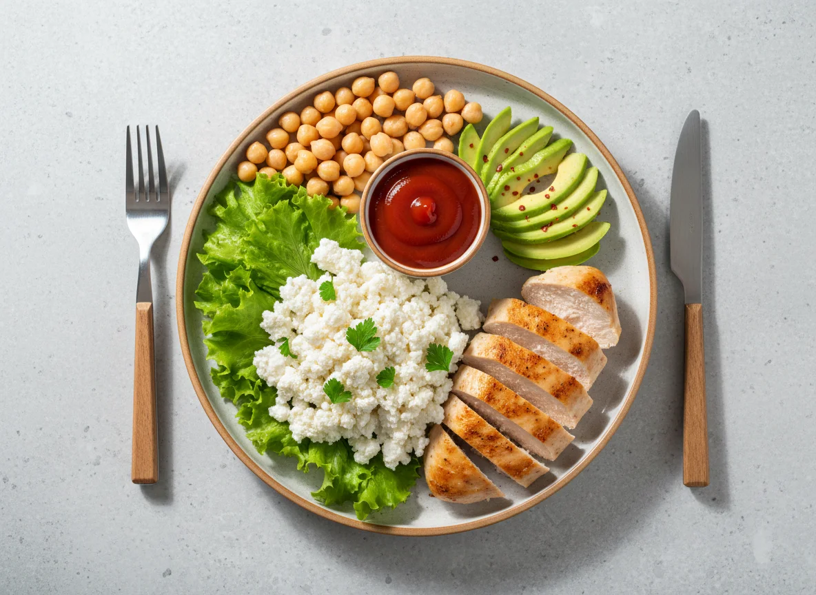 Сбалансированный обед с творогом и курицей photo