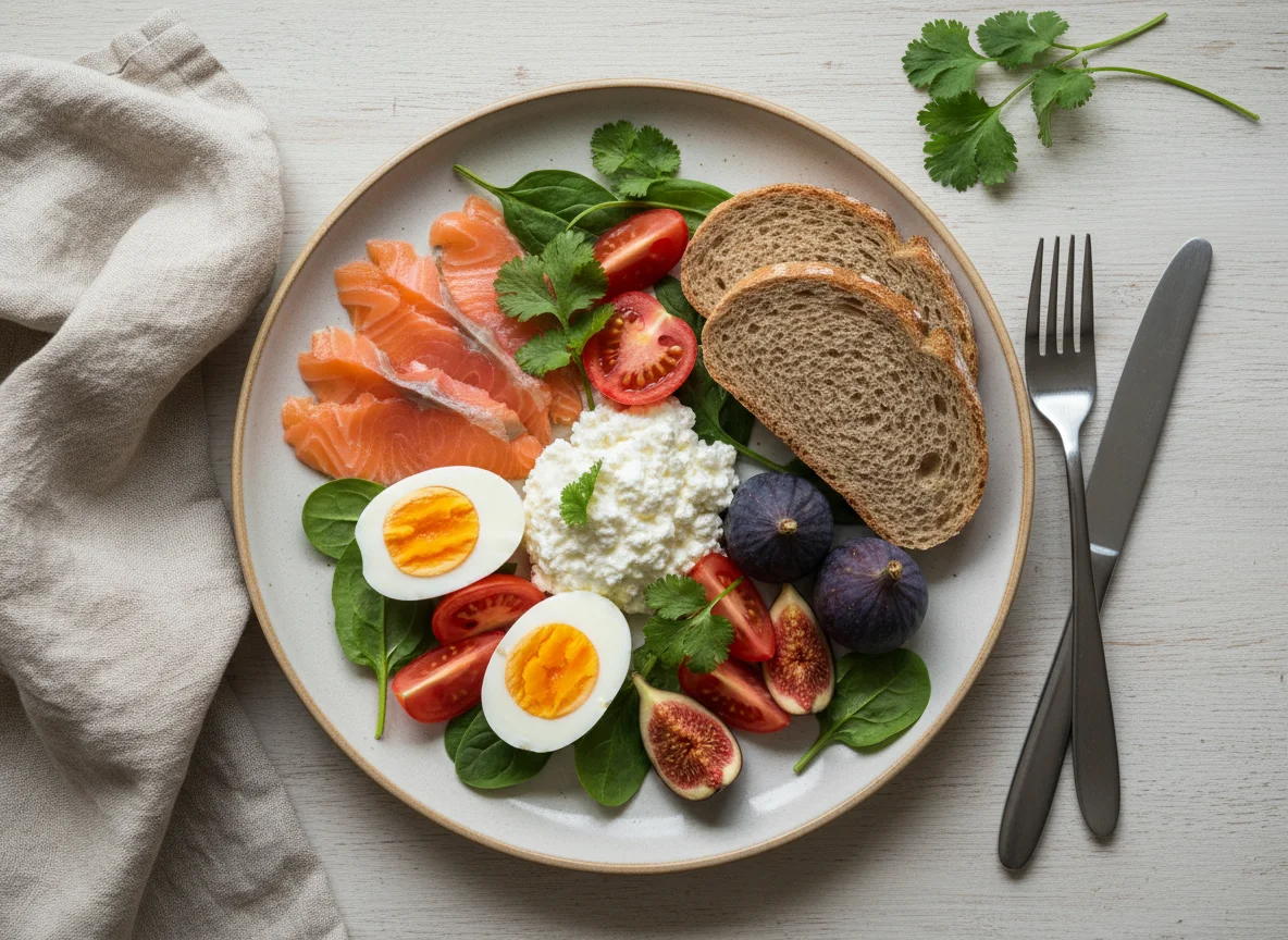 Сбалансированный завтрак с лососем и яйцом photo